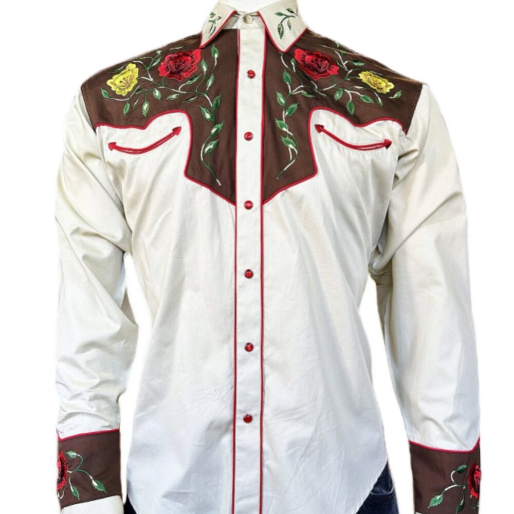 NWT Rockmount Ranch Wear Brown & Tan Floral Embroidered Western Shirt